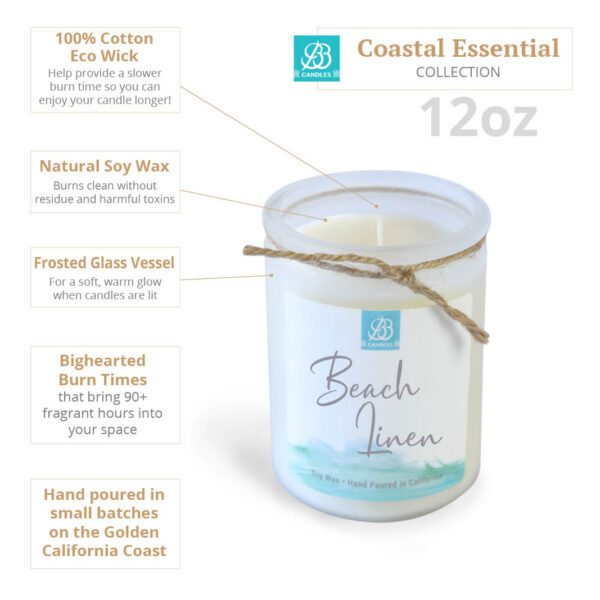 A jar of a candle with the words beach essentials written on it.