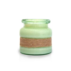 A green glass jar with a jute sleeve.