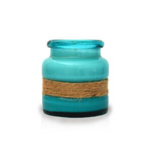 A blue glass jar with a rope around it.