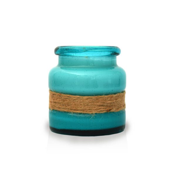 A blue glass jar with a rope around it.