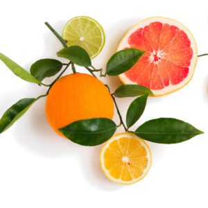 A bunch of oranges, grapefruits, lemons and limes on a white background.