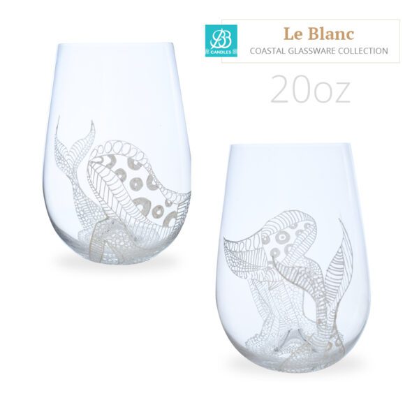 Two hand painted Le Blanc wine glasses with a mermaid design on them.