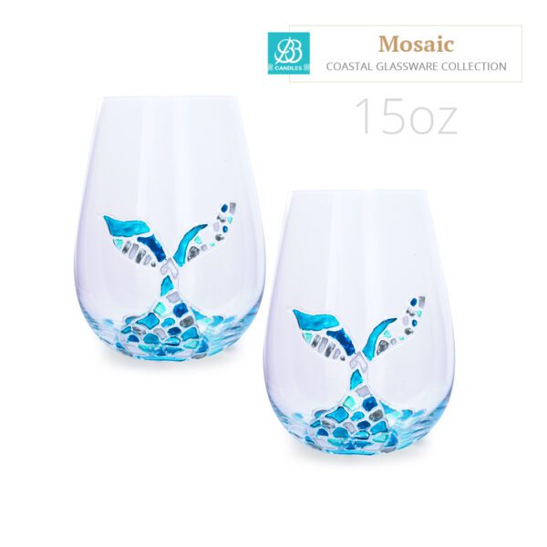 Two stained glass mosaic wine glasses with a mermaid tail design.