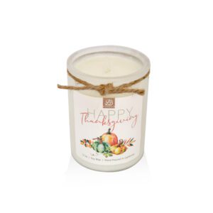 A festive 12oz Happy Thanksgiving candle featuring the words "Happy Thanksgiving.