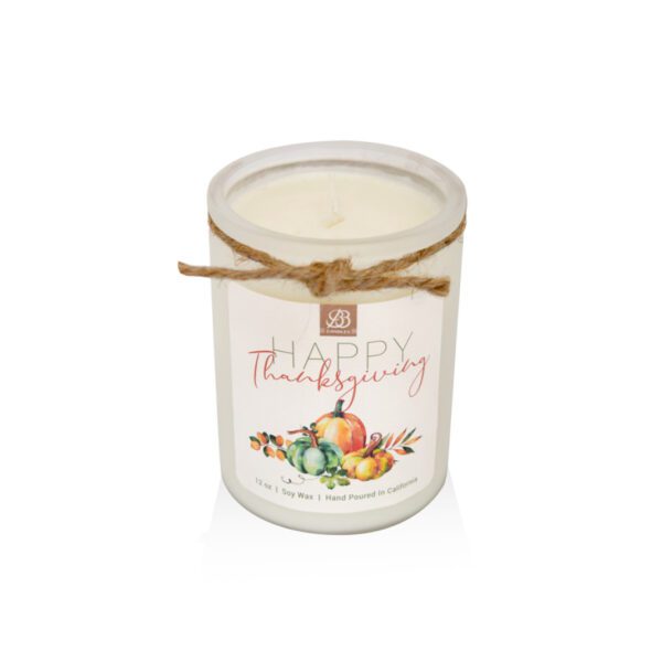 A festive 12oz Happy Thanksgiving candle featuring the words "Happy Thanksgiving.