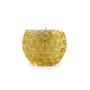 An ornate gold candle on a white background.