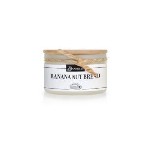 A candle with the word banana nutbread on it.