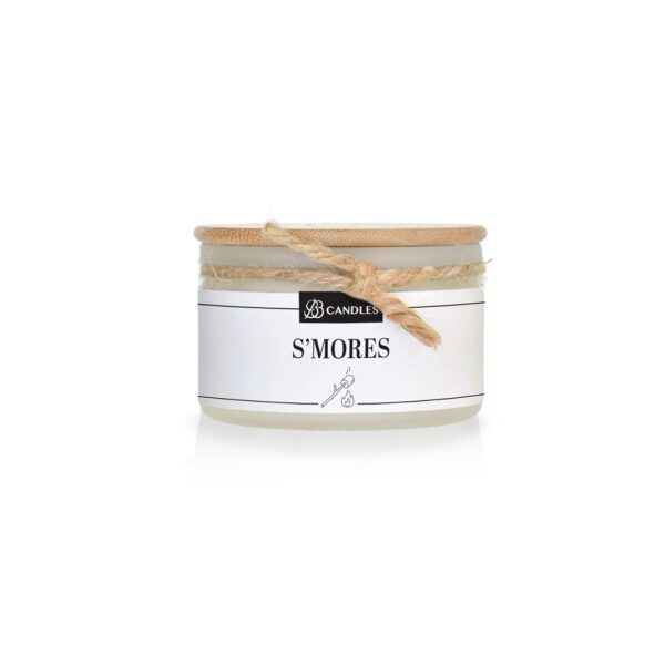 A candle with the word smores on it.