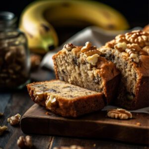 Banana bread with walnuts on a wooden cutting board.