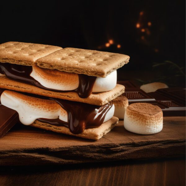 A stack of s'mores with chocolate and marshmallows on a wooden board.