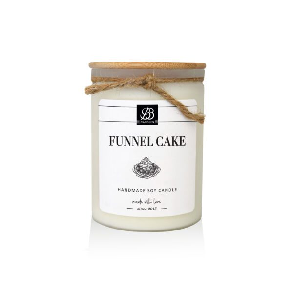 A candle with the words funnel cake on it.