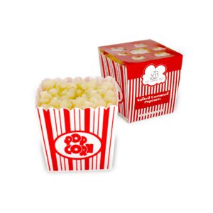 BB Candles salted caramel popcorn scented candle next to its red and white striped packaging