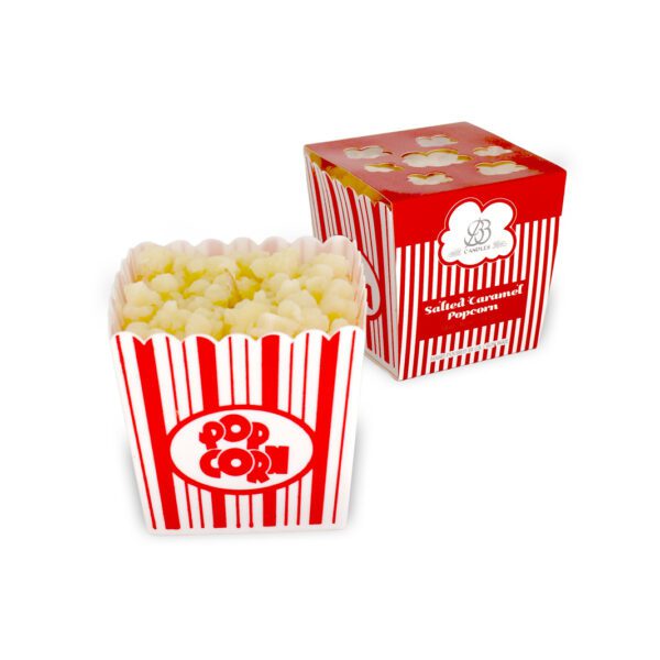 BB Candles salted caramel popcorn scented candle next to its red and white striped packaging