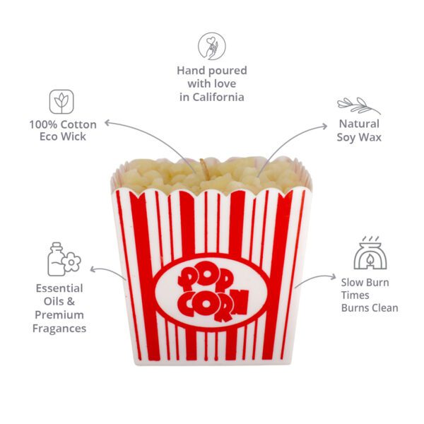 nfographic detailing the eco-friendly features of BB Candles salted caramel popcorn candle, including 100% cotton wick and natural soy wax