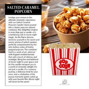 Promotional image for BB Candles salted caramel popcorn candle with a narrative on its cinematic inspiration and savory aroma