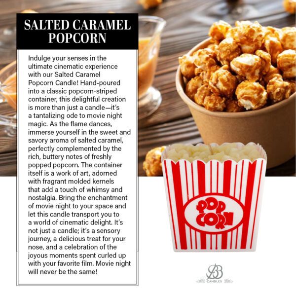 Promotional image for BB Candles salted caramel popcorn candle with a narrative on its cinematic inspiration and savory aroma