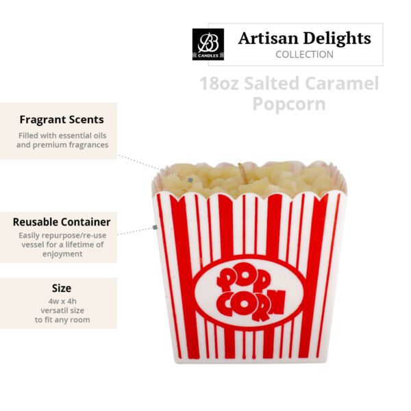 "Description of BB Candles salted caramel popcorn candle benefits like fragrant scents, reusable container, and size dimensions.